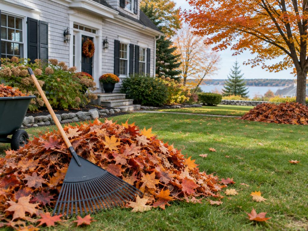 Raked piles of autumn leaves on a residential lawn in Maine
