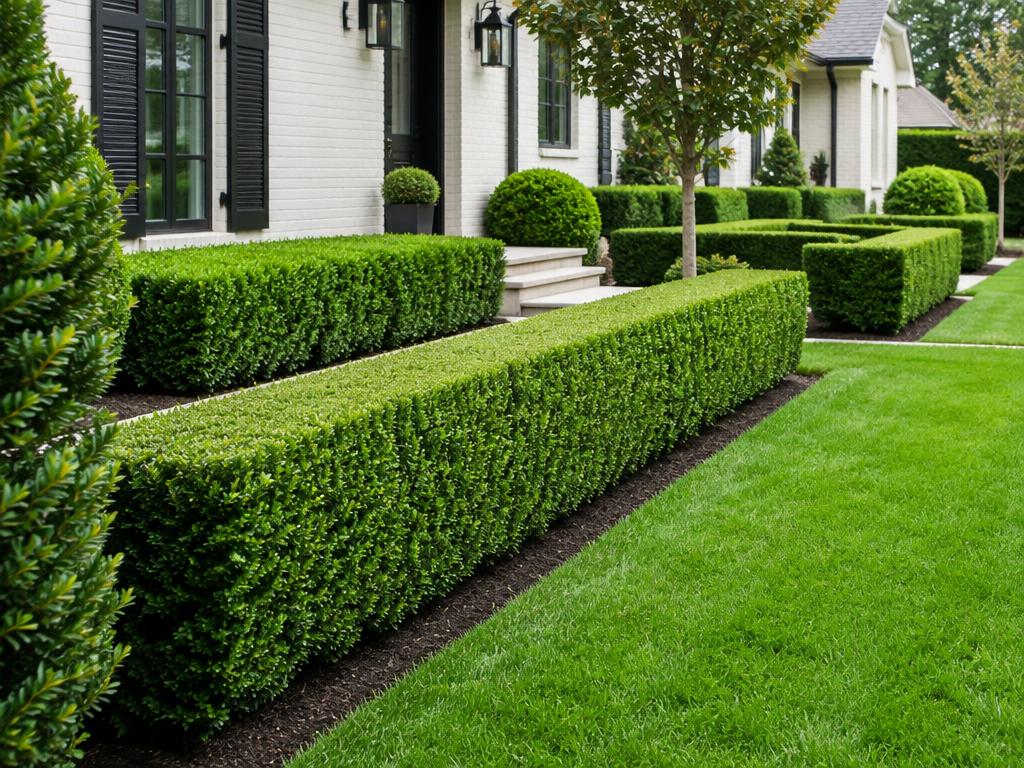Neatly trimmed boxwood hedges lining a home
