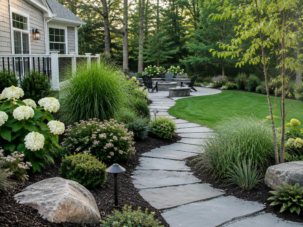Residential landscaping with stone path, grasses and garden beds