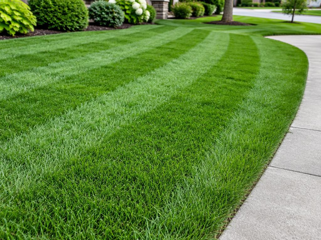 Freshly mowed striped lawn beside a residential walkway