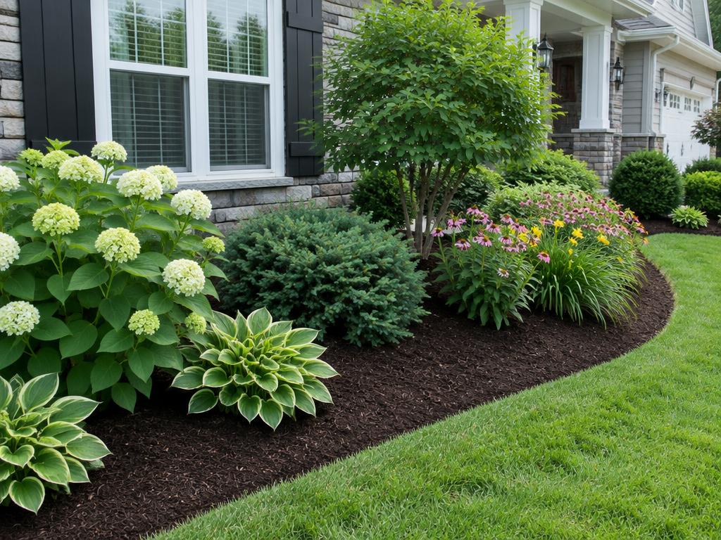 Freshly mulched landscape bed with hydrangeas and shrubs