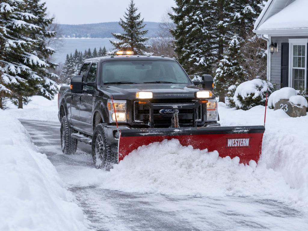 Pickup truck with plow clearing a snowy residential driveway